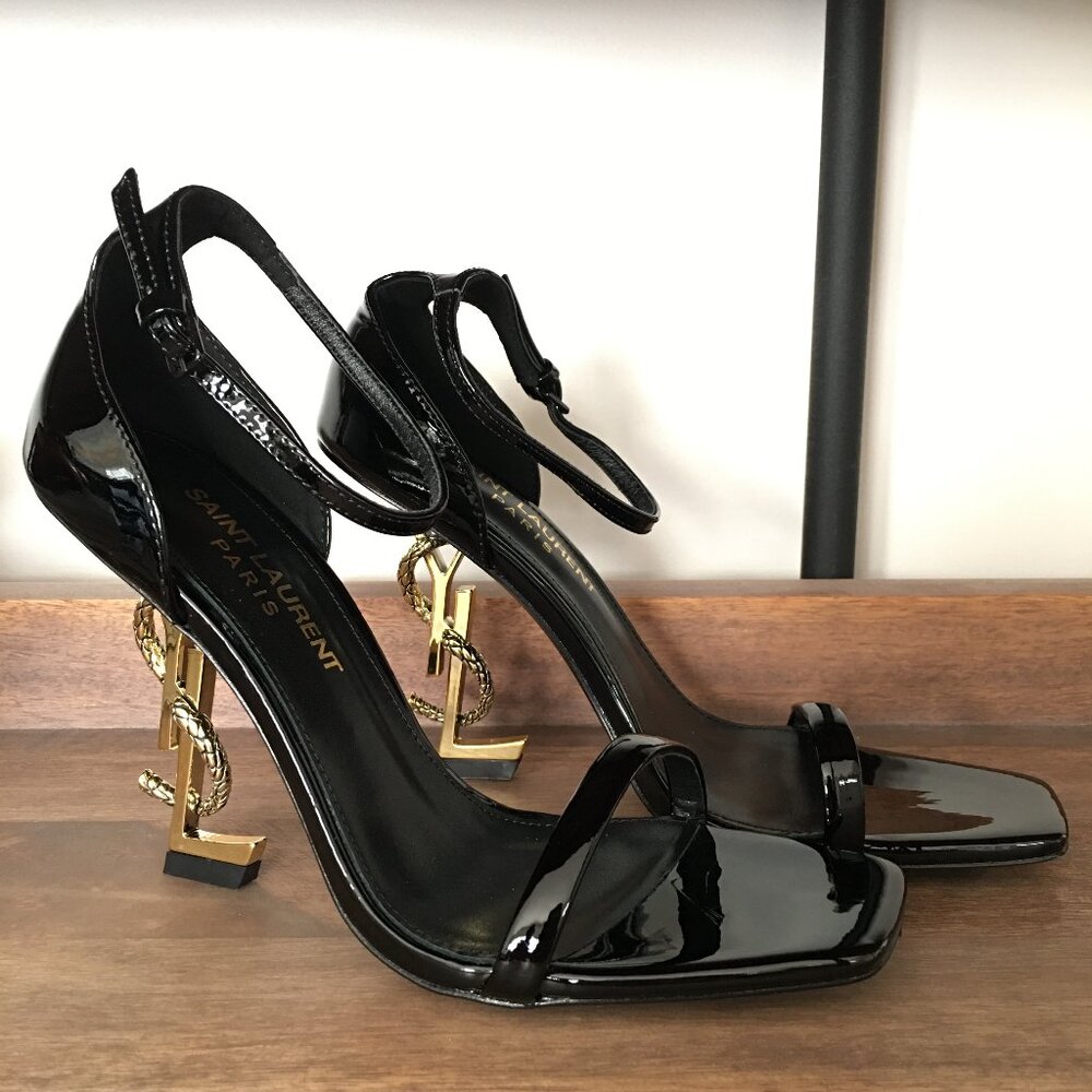 Saint Laurent Opyum YSL Snake Heel Black Patent Pumps 38